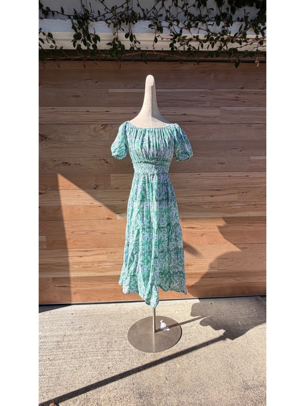 Green and Blue Floral Off-Shoulder Midi Dress with Smocked Waist